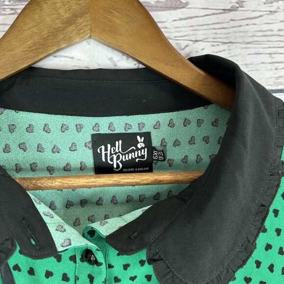 Hell Bunny Shirt Top Womens 6X Kelly Green Hearts Goth Grunge Button Stretch - Picture 4 of 13